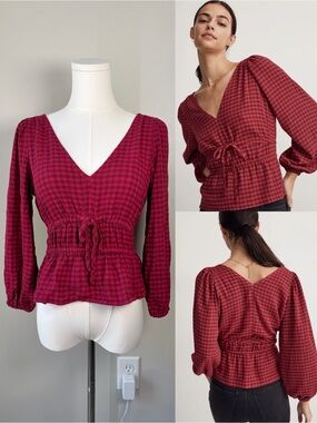 Madewell Crinkled V-Neck Peplum Top in Hibiscus Plaid